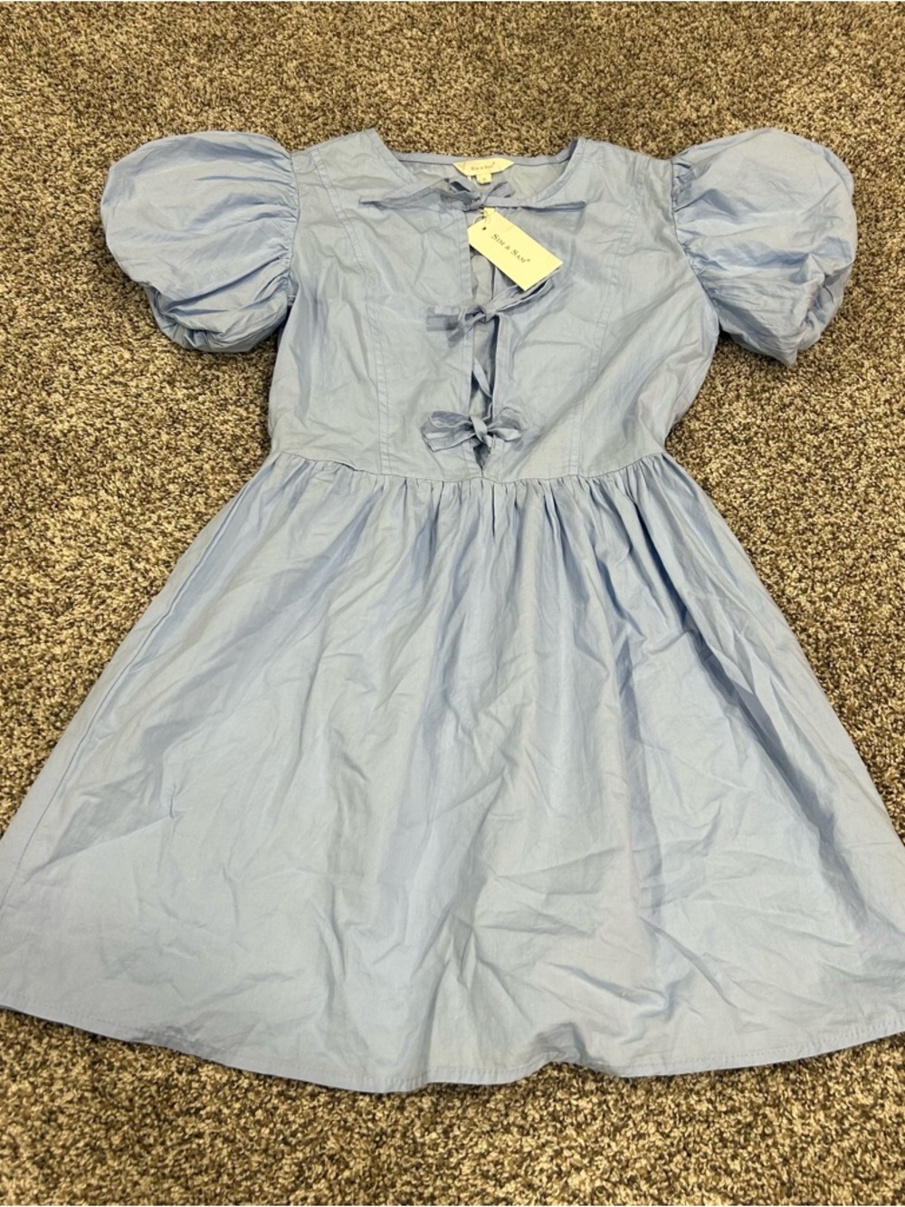 Sim & Sam Blue Tie Dress Small Puff Sleeve Boho Cottage Prairie Western Cotton